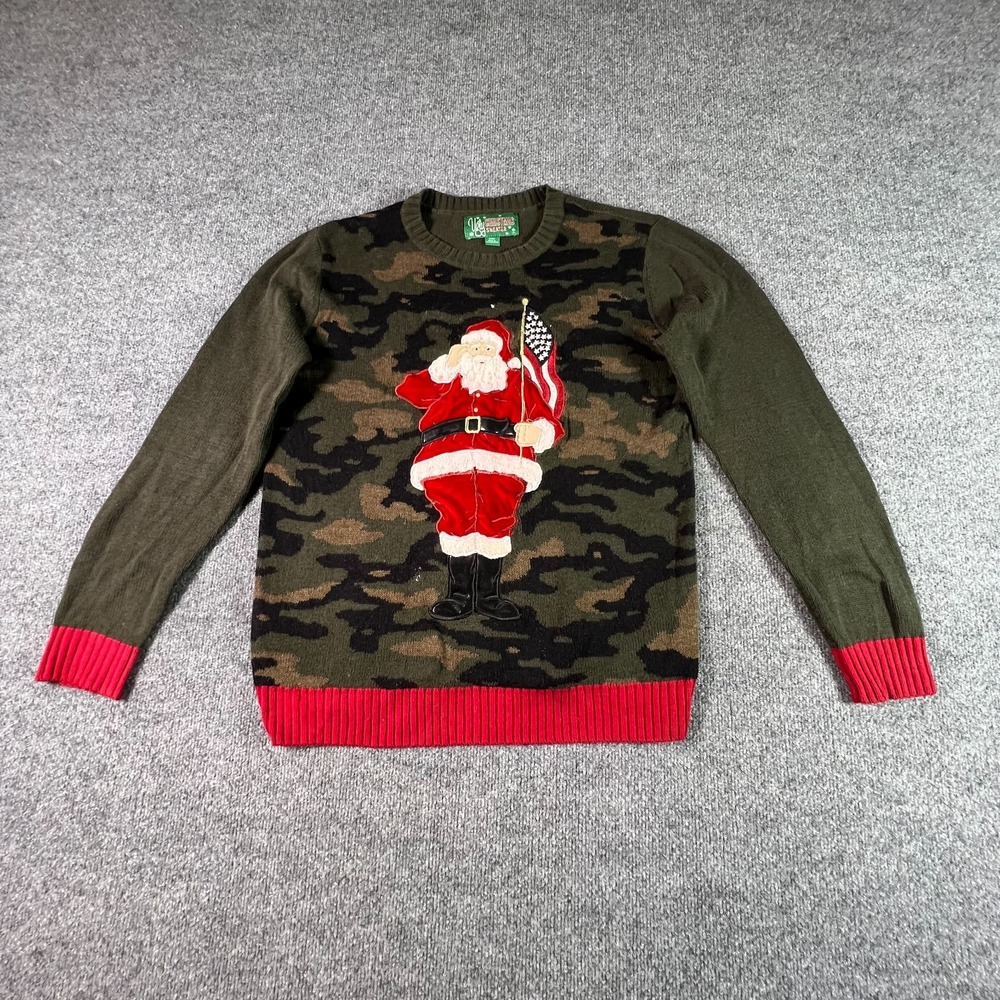 Ugly Christmas Sweater Mens Medium Green Camo Patriotic Santa Claus Knit Holiday